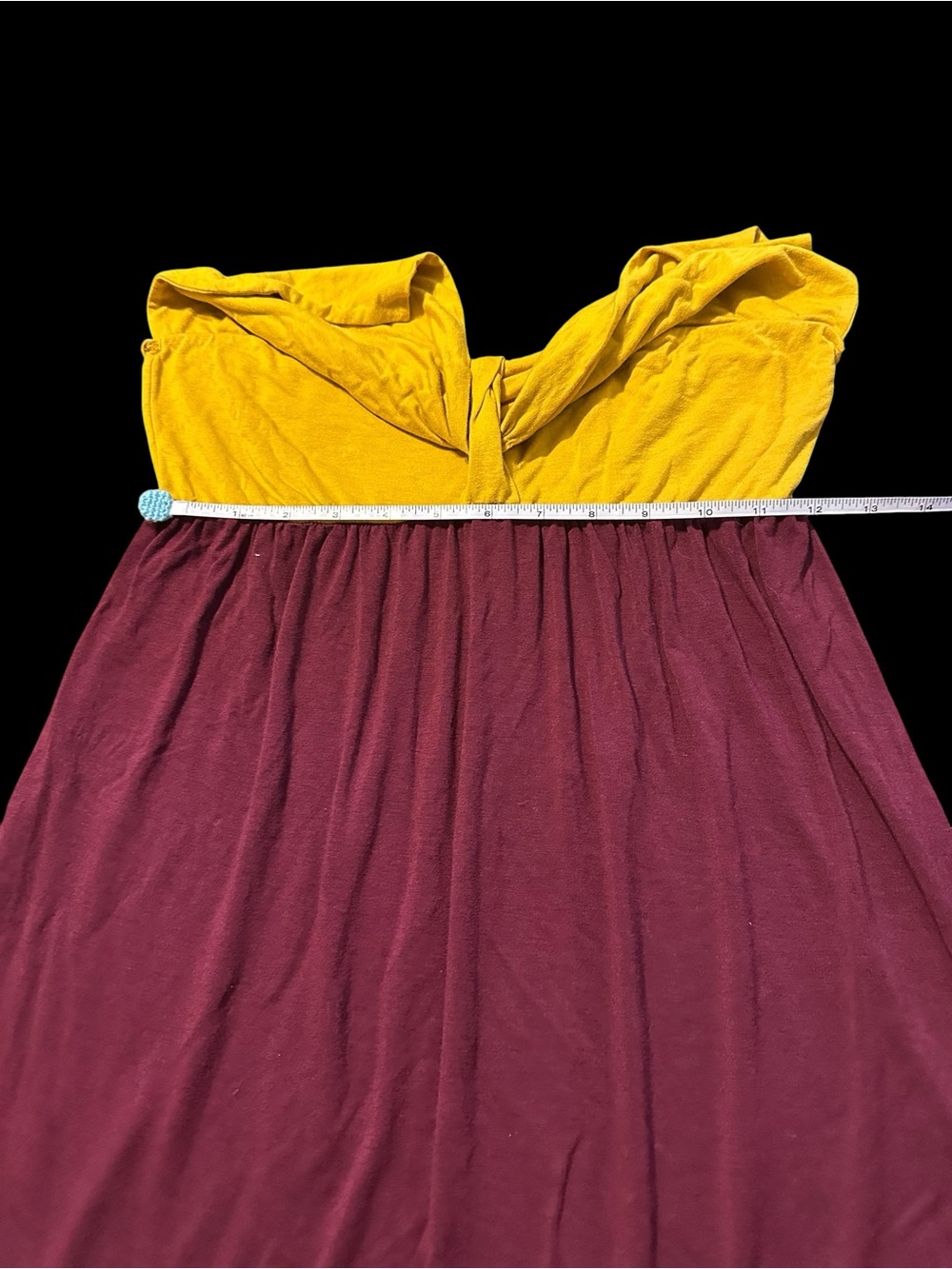 Coveted Clothing Mustard Yellow Bow Strapless Dress with Burgundy Skirt - Picture 6 of 11